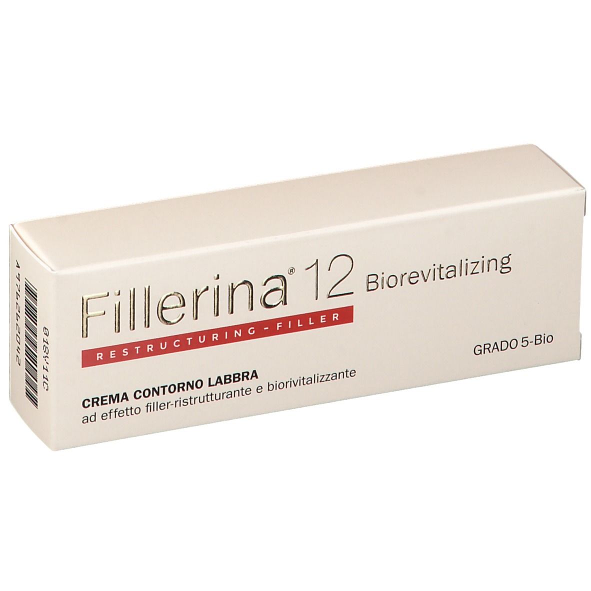 Fillerina 12 Biorevitalisant Contour des Lèvres Grad 5-Bio. Boîte blanche avec nom et texte du produit.