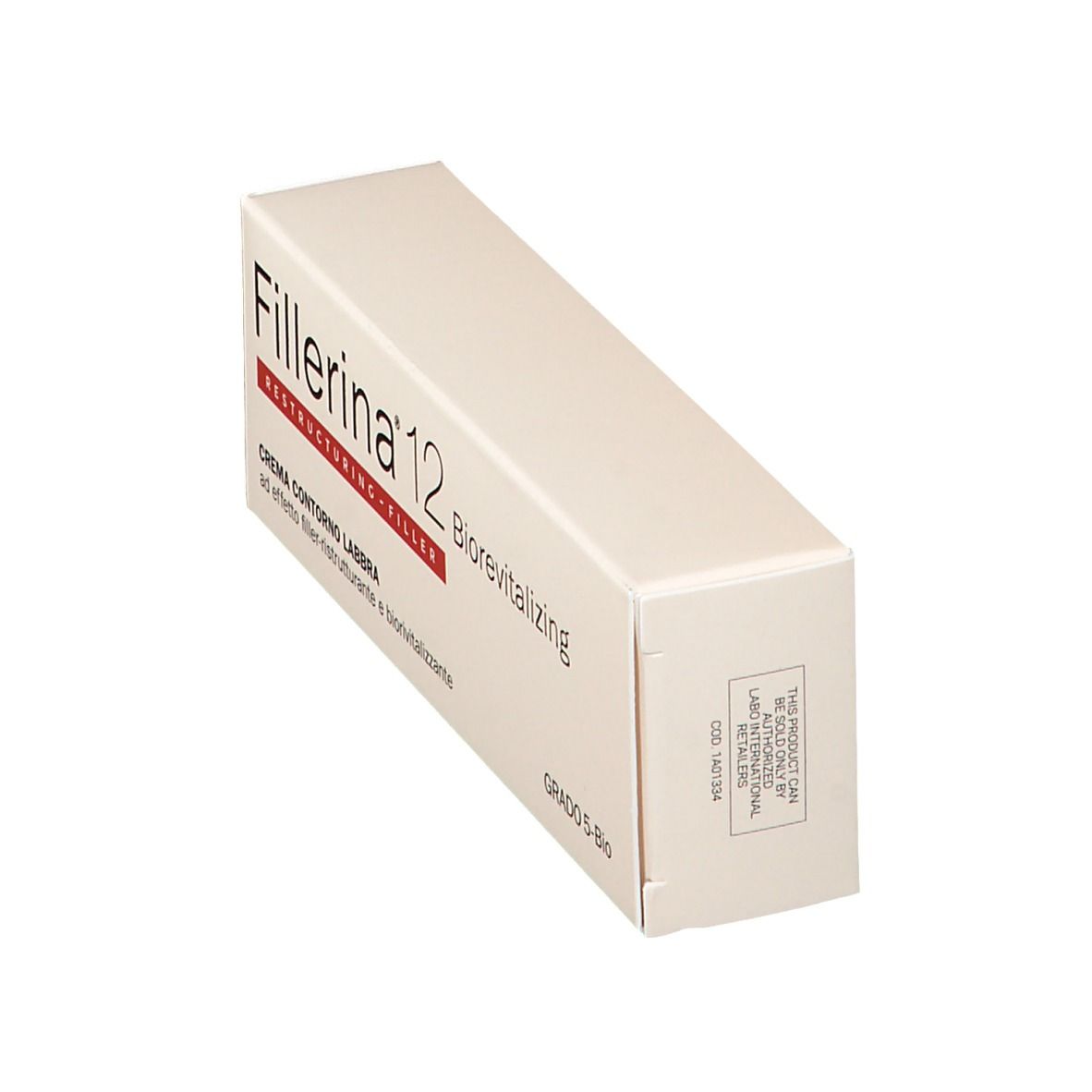 Fillerina 12 Biorevitalisant Contour des Lèvres Grad 5-Bio. Boîte en biais, nom et texte du produit visibles.