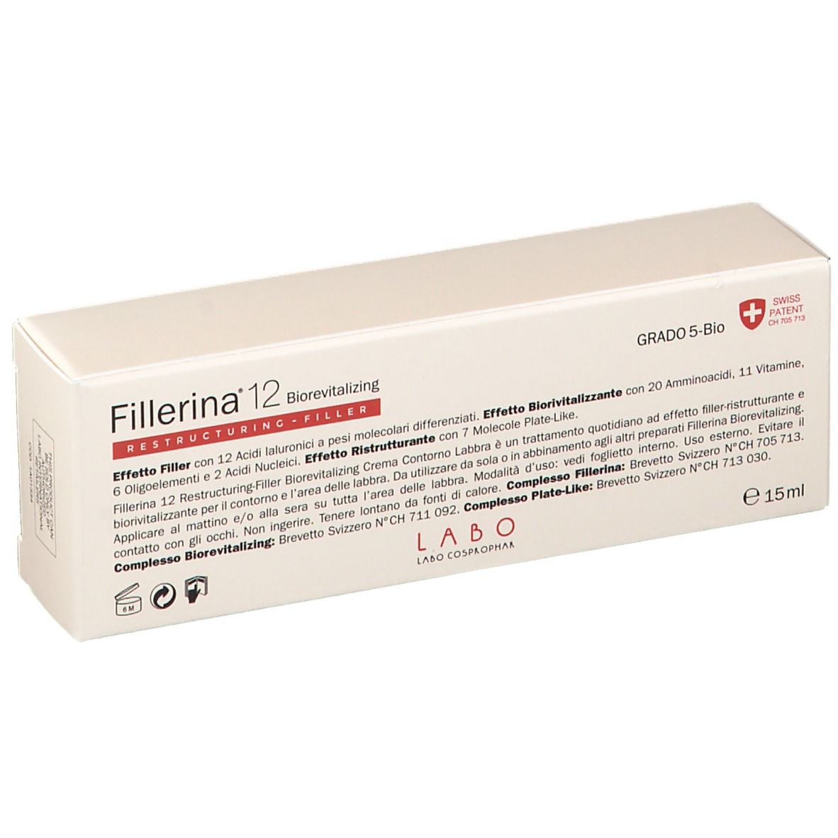 Fillerina 12 Biorevitalisant Contour des Lèvres Grad 5-Bio. Boîte blanche avec texte et informations sur le contenu.