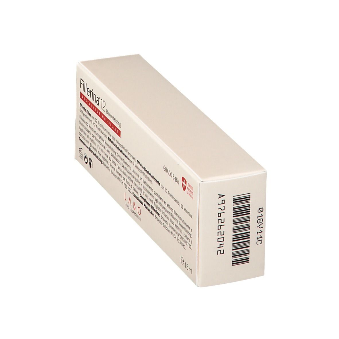 Fillerina 12 Biorevitalisant Contour des Lèvres Grad 5-Bio. Boîte en biais, texte et code-barres visibles.