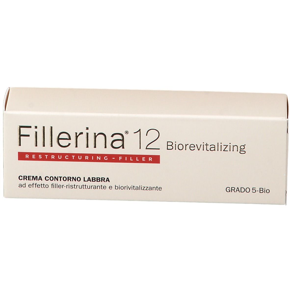 Fillerina 12 Biorevitalisant Contour des Lèvres Grad 5-Bio. Boîte blanche avec nom et texte du produit.