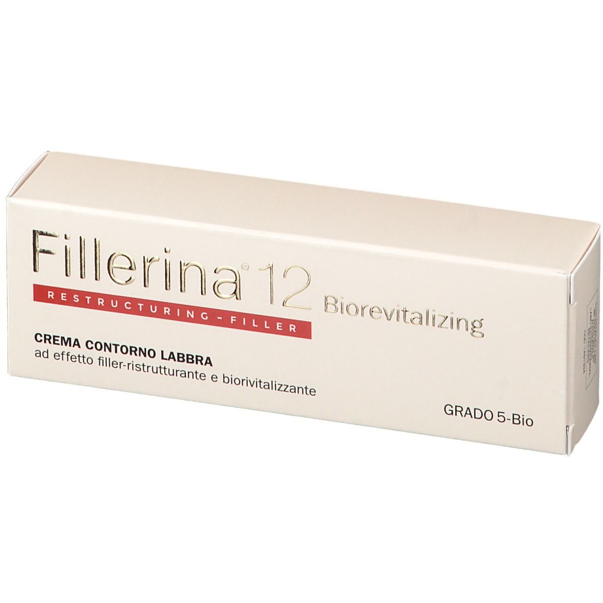Fillerina 12 Biorevitalisant Contour des Lèvres Grad 5-Bio. Boîte blanche avec nom et texte du produit.
