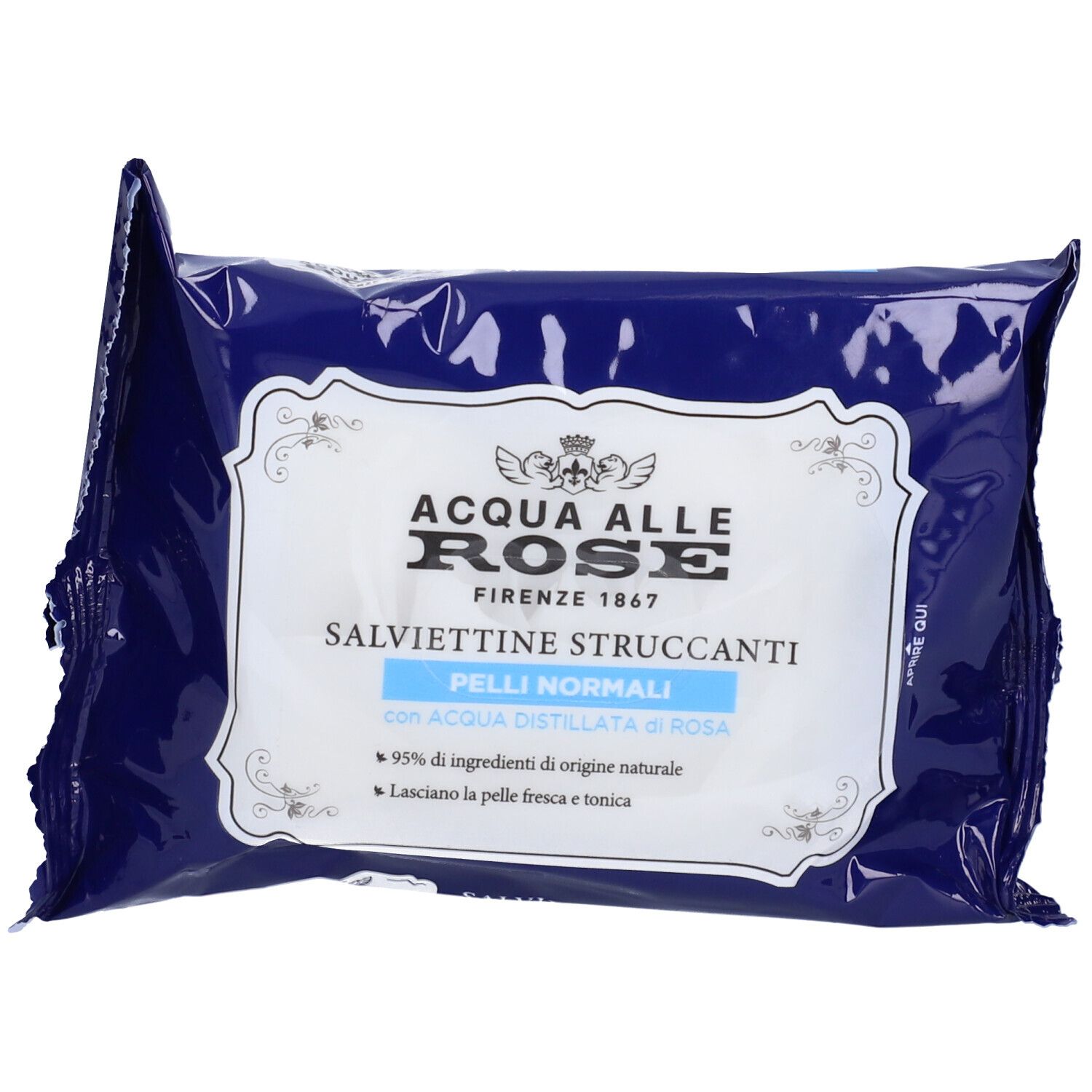 Dunkelblaue Verpackung mit weißem Etikett. Text: ACQUA ALLE ROSE, SALVIETTINE STRUCCANTI, für normale Haut. Mit Rosenwasser.