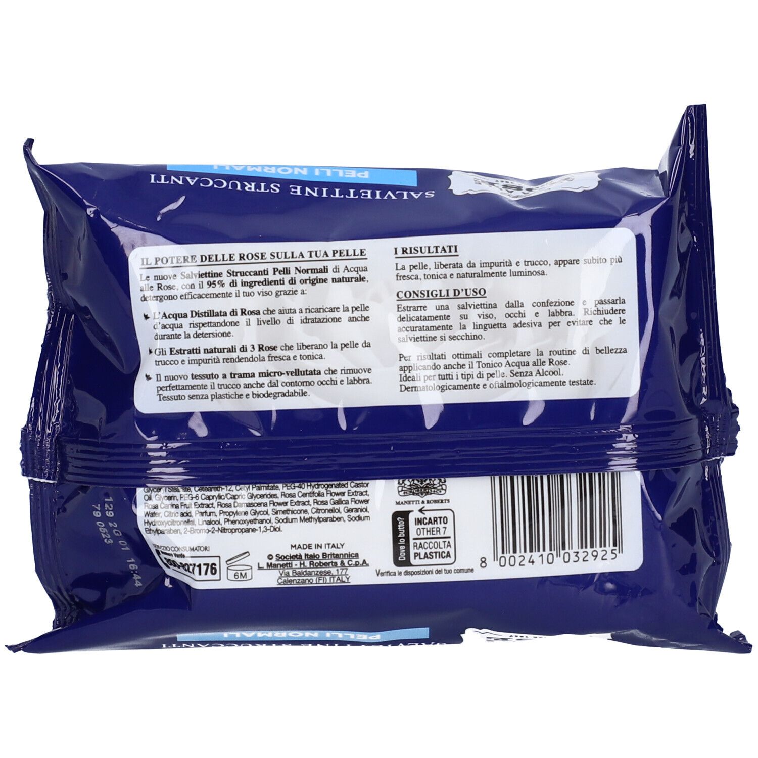 Rückseite der dunkelblauen Verpackung. Text: ACQUA ALLE ROSE, SALVIETTINE STRUCCANTI, für normale Haut. Produktinformationen und Barcode.