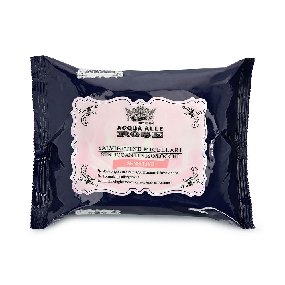 Dunkelblaue Verpackung mit rosa Etikett. Text: ACQUA ALLE ROSE, Reinigungstücher sensitiv. Enthält Text und Logo.