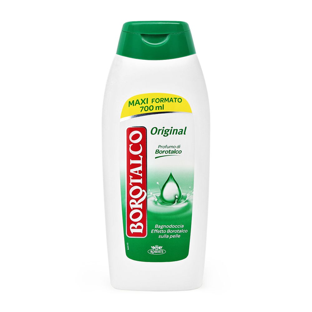 Flacon blanc et vert. Logo "BOROTALCO". Texte "Original" et "MAXI FORMATO 700 ml". Graphique goutte.