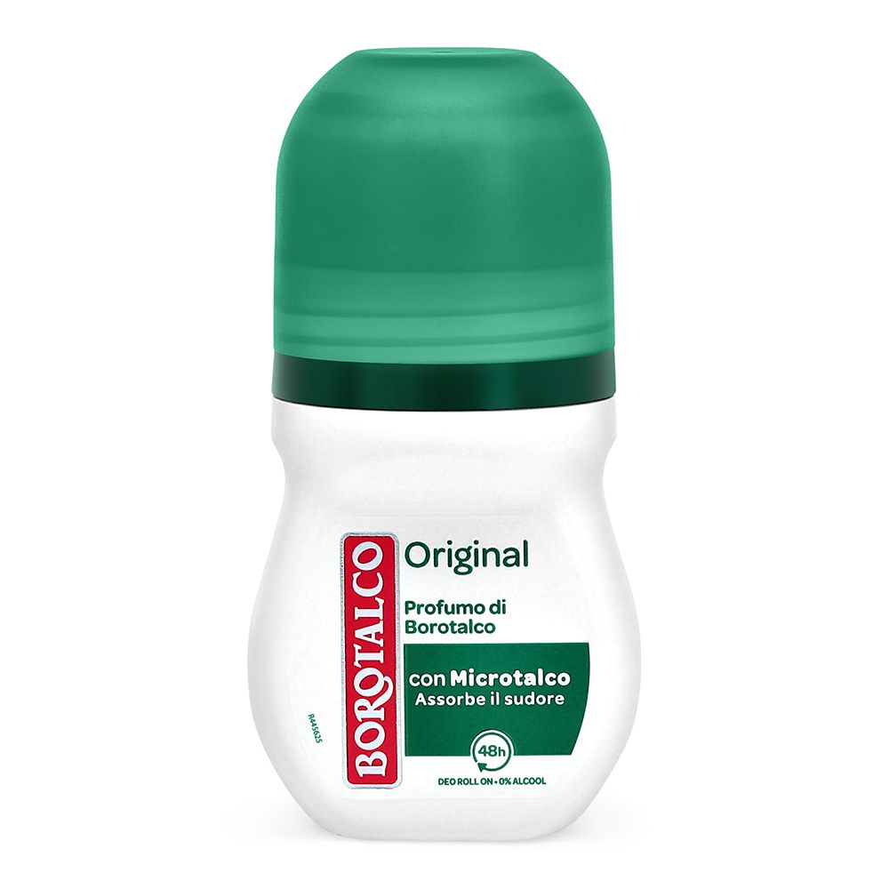 Weißer Roll-On-Deo mit grünem Deckel. Roter Aufkleber mit BOROTALCO-Logo und Schriftzug "Original".