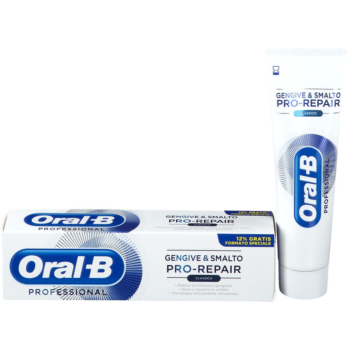 Zahnpasta-Tube und -Schachtel. Tube und Schachtel mit Produktnamen und Logo. Sonderangebot.