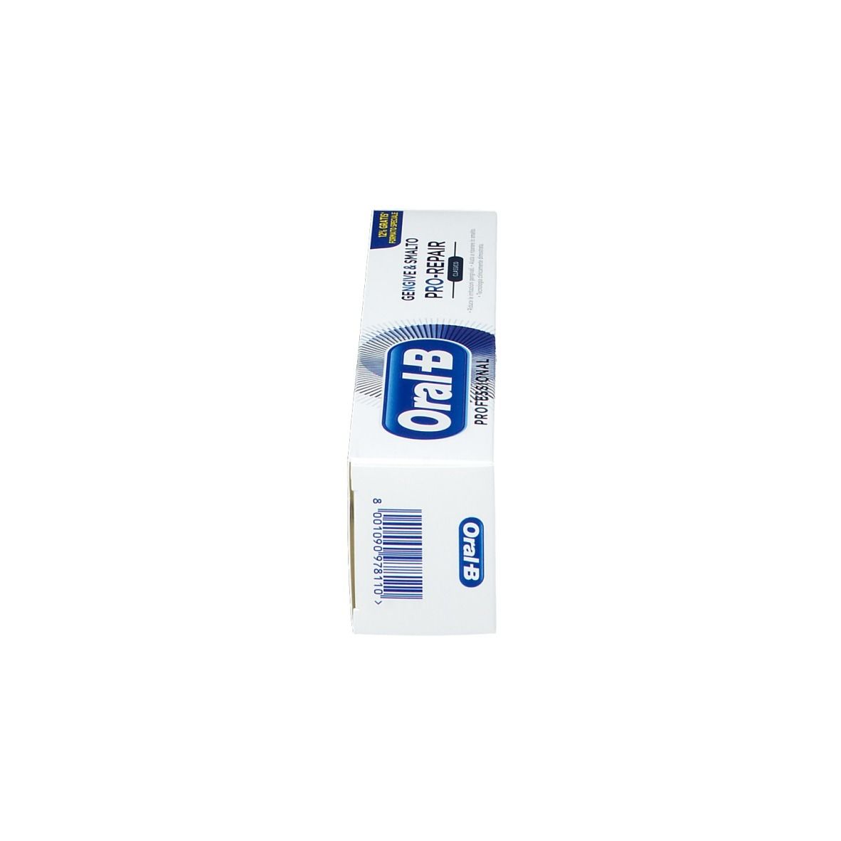 Zahnpasta-Schachtel, schräg. Produktname und Logo sichtbar. Aufschrift: Oral-B. Barcode.