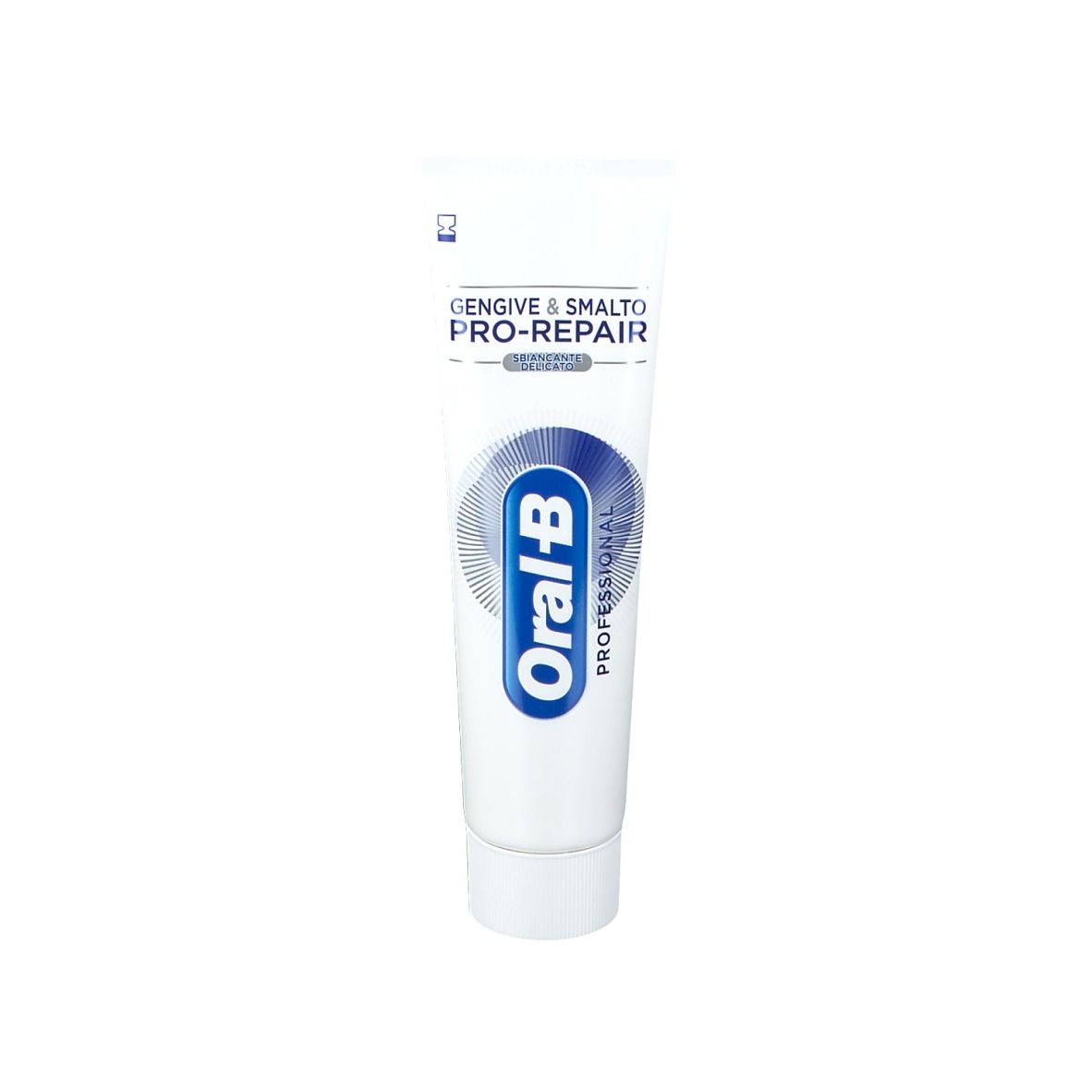 Zahnpasta-Tube Oral-B Pro-Repair. Weiß, blaues Logo. Aufschrift: Gingive & Smalto.