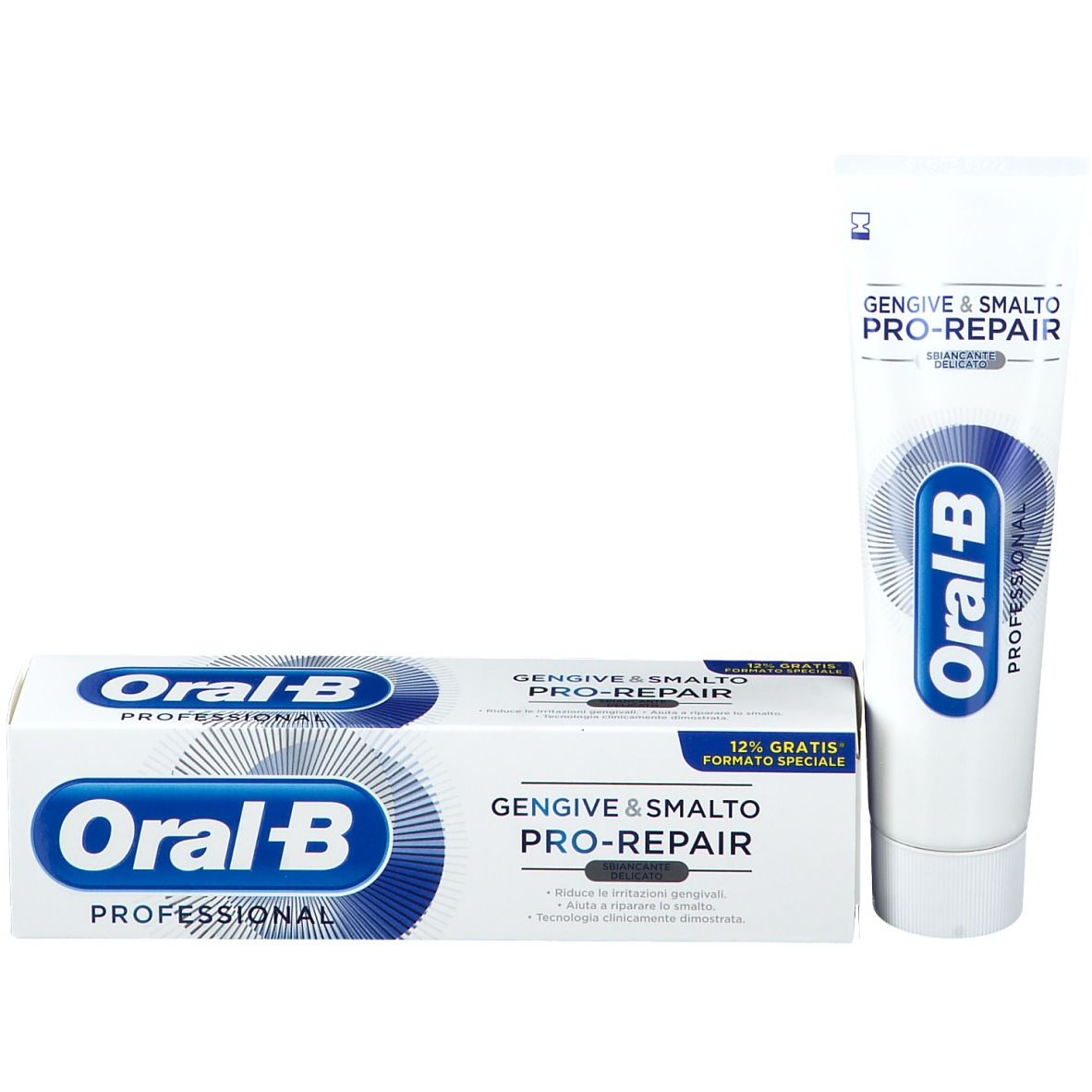 Zahnpasta-Tube und Schachtel. Aufschrift: Oral-B Pro-Repair. Weiß, blaues Logo.