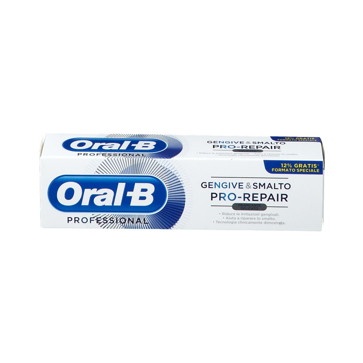 Zahnpasta-Schachtel Oral-B Pro-Repair. Weiß, blaues Logo. Aufschrift: Gingive & Smalto.