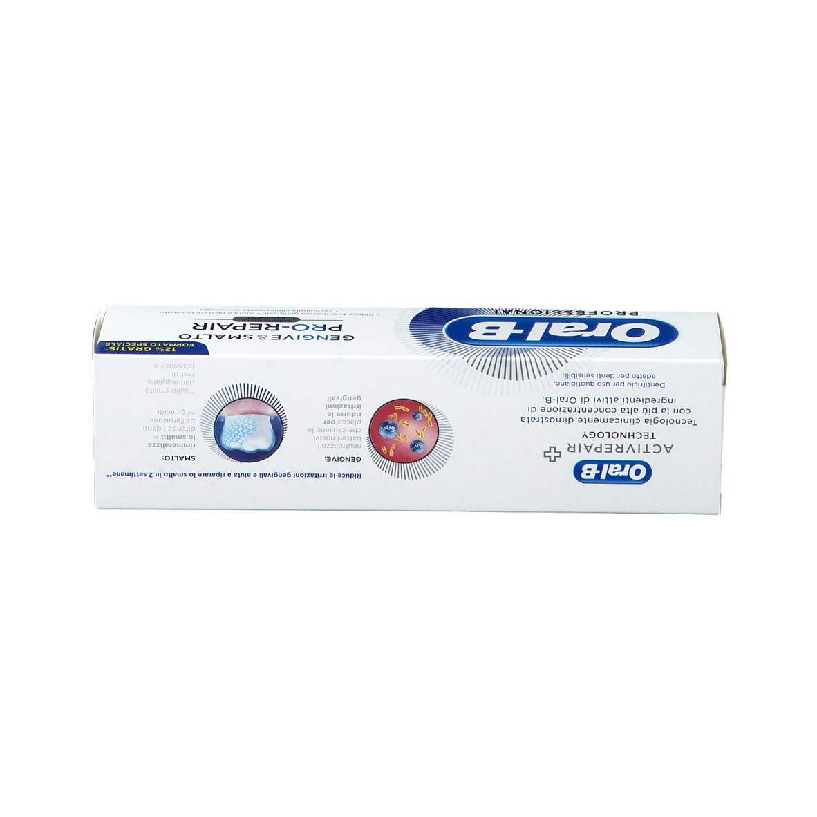 Zahnpasta-Schachtel Oral-B. Rückseite mit Informationen. Weiß, blaues Logo.