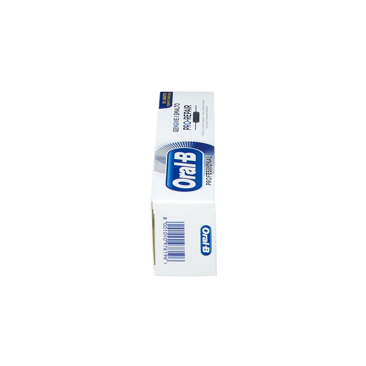 Zahnpasta-Schachtel Oral-B Pro-Repair. Seitenansicht. Weiß, blaues Logo.