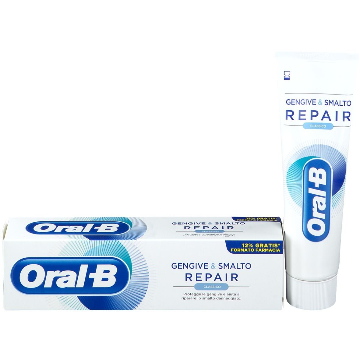 Zahnpasta-Tube und -Schachtel. Tube und Schachtel mit Logo und Produktbezeichnung.