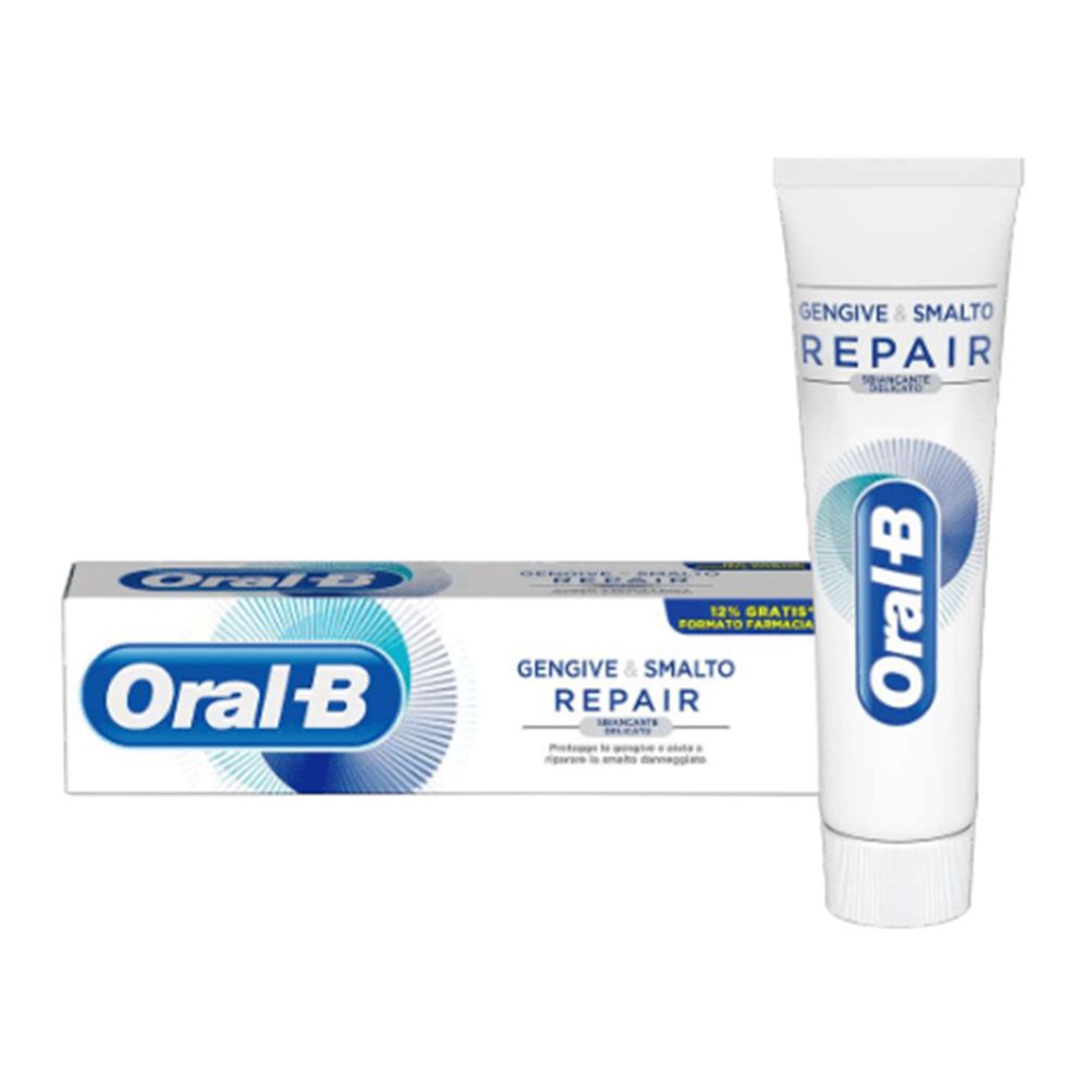 Zahnpasta-Tube und Schachtel. Marke Oral-B, Produktname Repair. Weiße Tube mit blauem Logo. Schachtel mit Produktnamen.