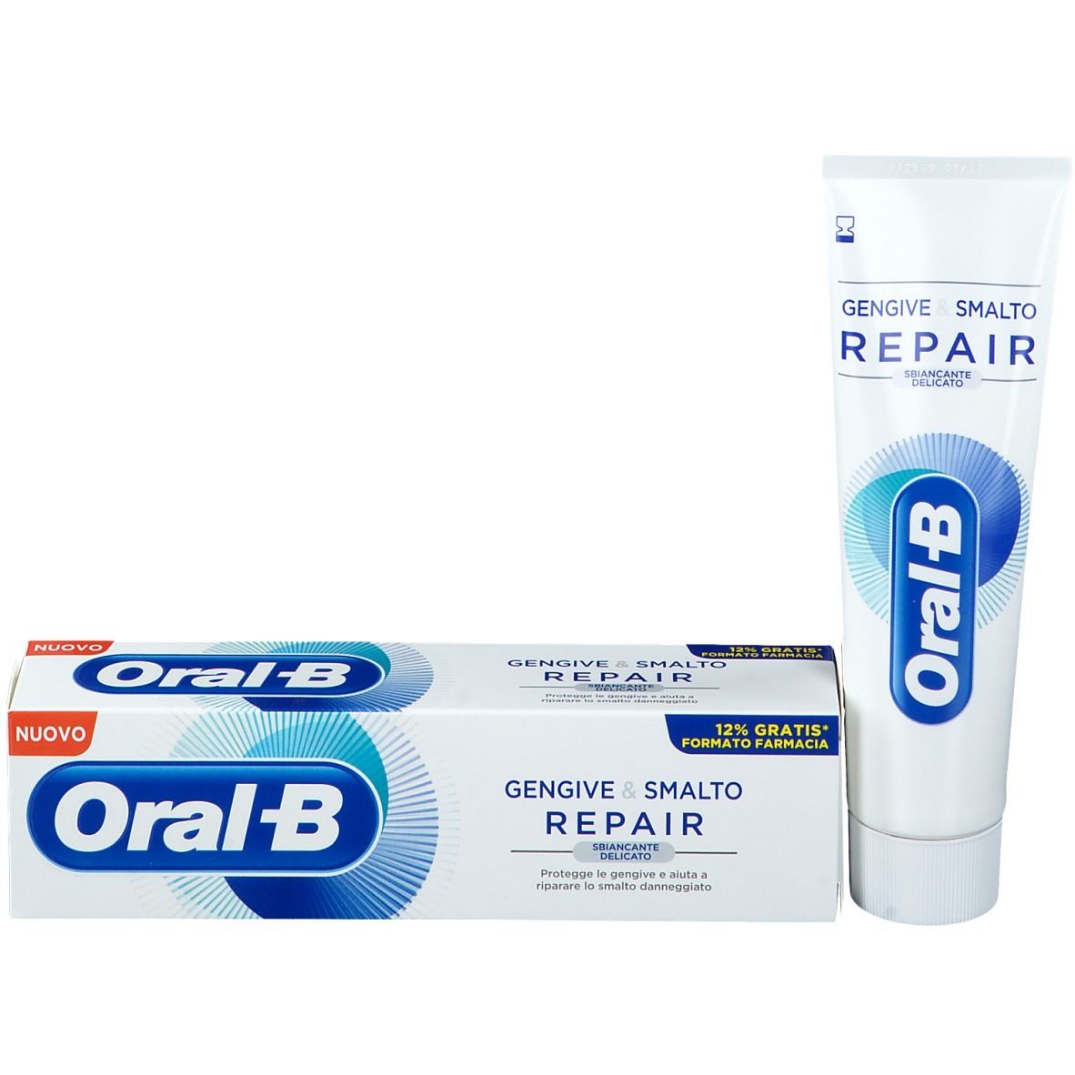 Zahnpasta-Tube und Schachtel. Marke Oral-B, Produktname Repair. Schachtel mit 'NEU' und Produktnamen.