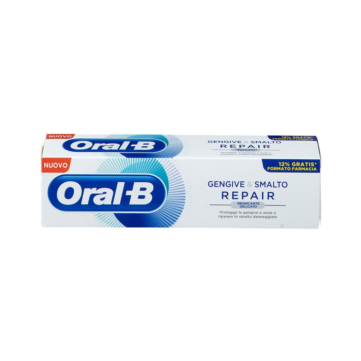 Schachtel mit Zahnpasta Oral-B Repair. 'NEU' und Produktname. Blaues Logo und Produktinformationen.