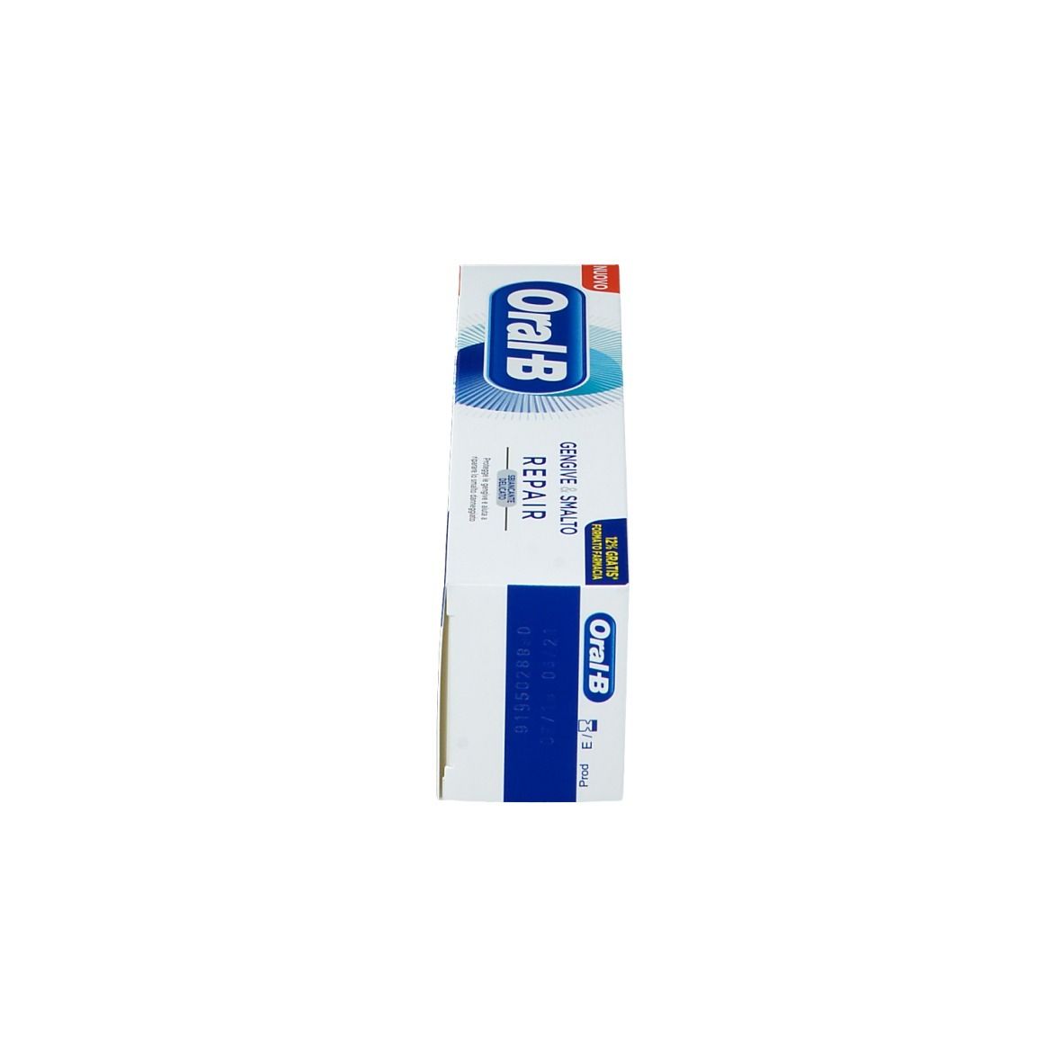Schachtel mit Zahnpasta Oral-B Repair. Blaues Logo und Produktname. Aufschrift 'Gengive Smalto'.