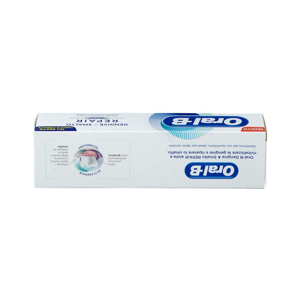 Schachtel mit Zahnpasta Oral-B Repair. Produktname und Logo. Abbildung des Produkts und Produktinformationen.