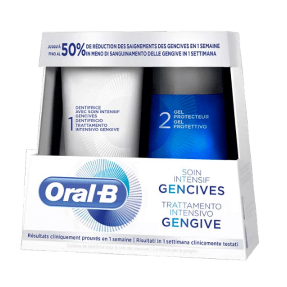 Coffret Oral-B avec dentifrice et gel protecteur. Tubes blanc et bleu. Inscriptions multilingues, dont "Gencives" et "Gengive".