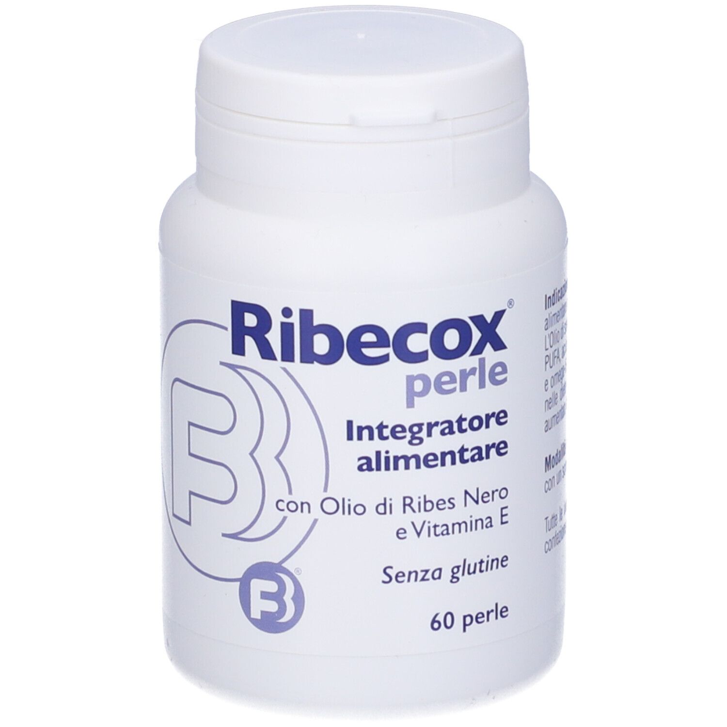 Weiße Flasche mit blauem Etikett. Aufschrift: Ribecox perle, Integratore alimentare, mit Öl von Ribes Nero und Vitamin E, 60 perle.