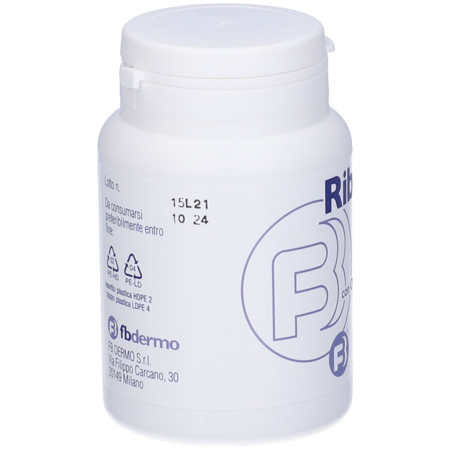 Weiße Flasche mit blauem Etikett. Auf der Rückseite Text und Logos. Aufschrift: fbderma, PE-LD, PE-HD.