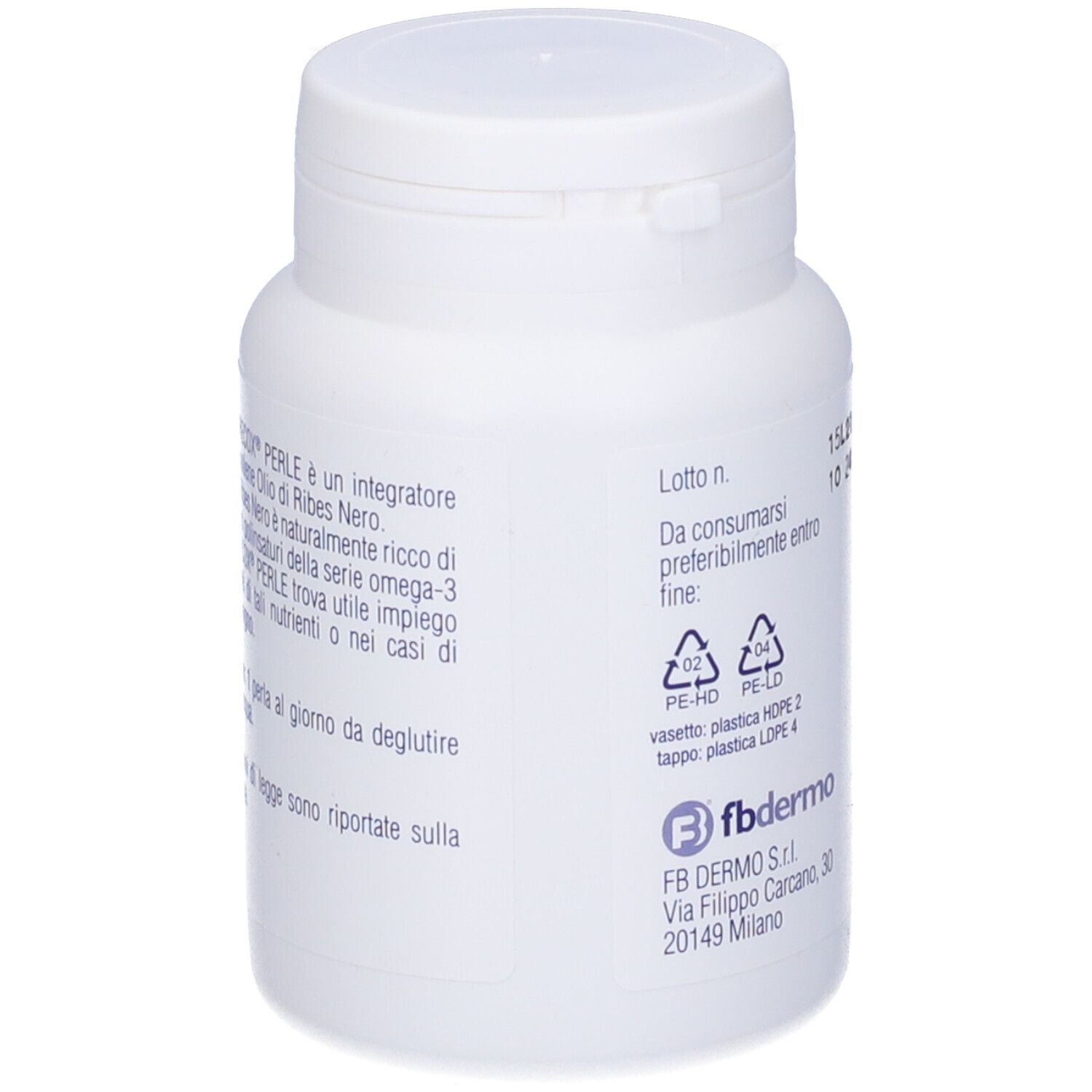 Weiße Flasche mit blauem Etikett. Auf der Rückseite Text. Aufschrift: Ribecox perle, Integratore alimentare.