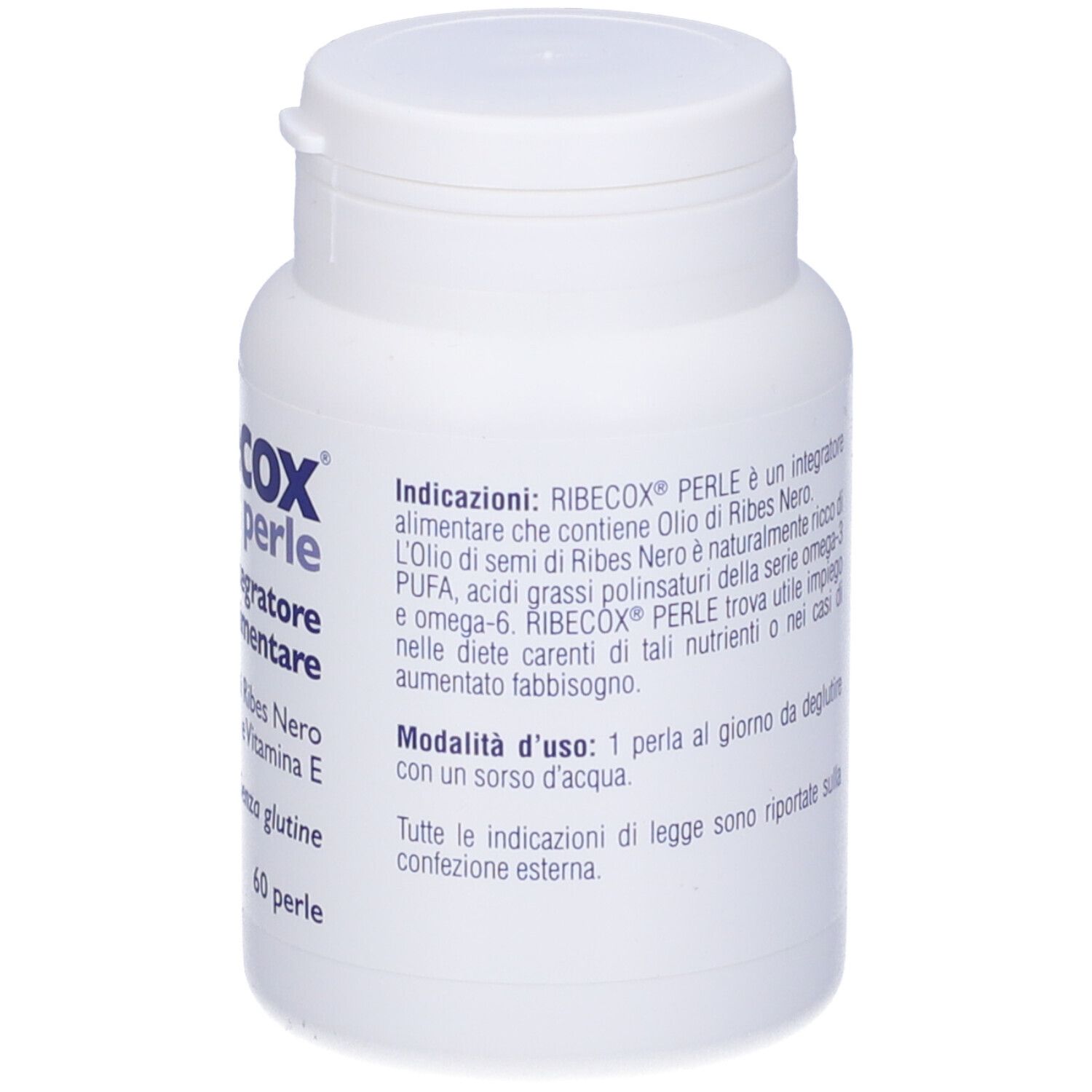 Weiße Flasche mit blauem Etikett. Auf der Rückseite Text. Aufschrift: Ribecox perle, Integratore alimentare, 60 perle.