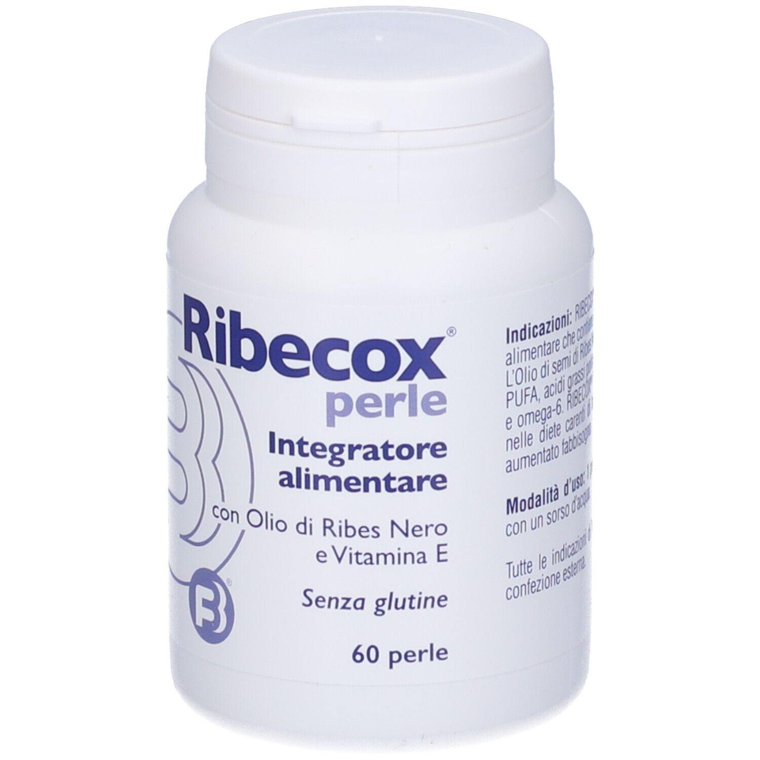 Weiße Flasche mit blauem Etikett. Aufschrift: Ribecox perle, Integratore alimentare, mit Öl von Ribes Nero und Vitamin E, 60 perle.