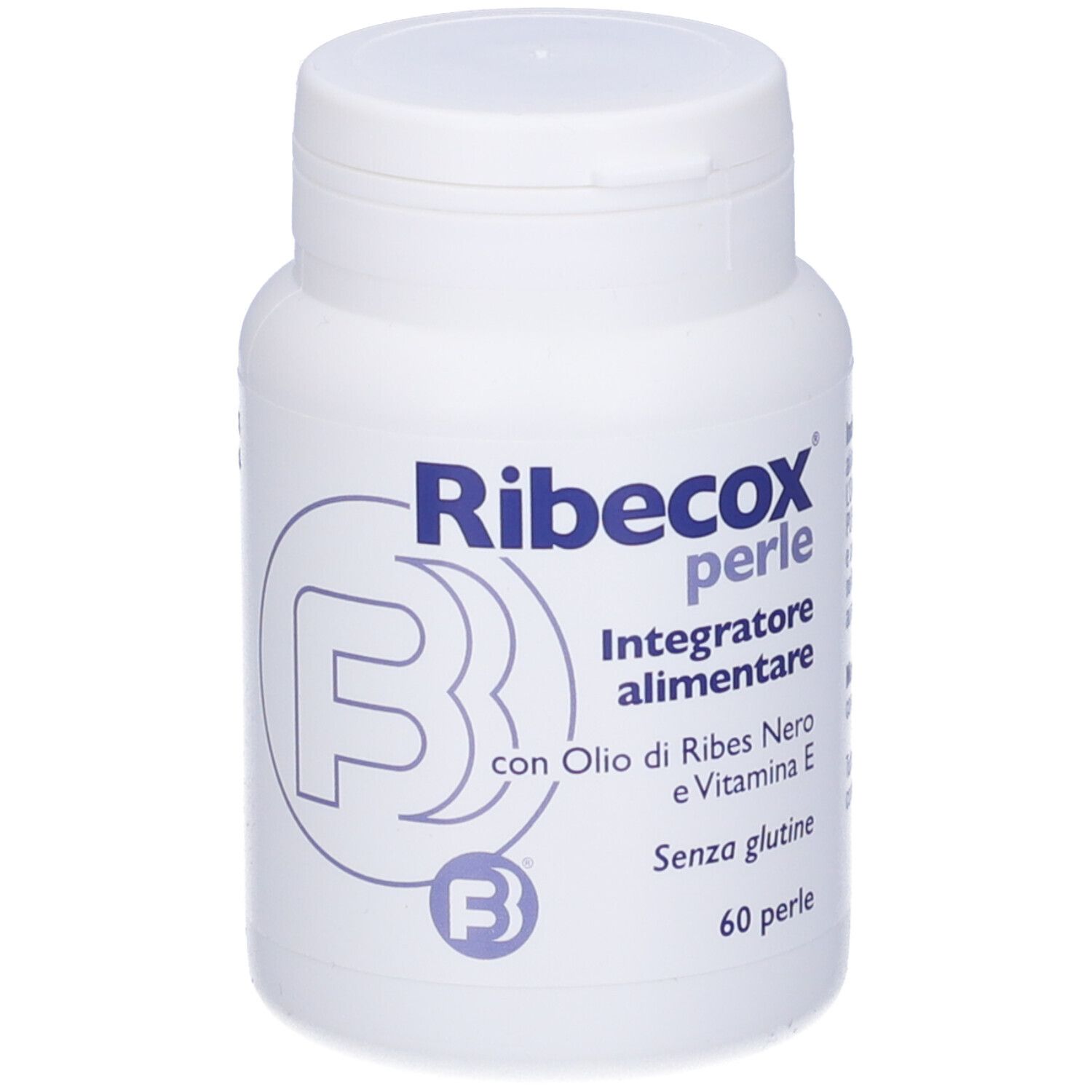 Weiße Flasche mit blauem Etikett. Aufschrift: Ribecox perle, Integratore alimentare, mit Öl von Ribes Nero und Vitamin E, 60 perle.