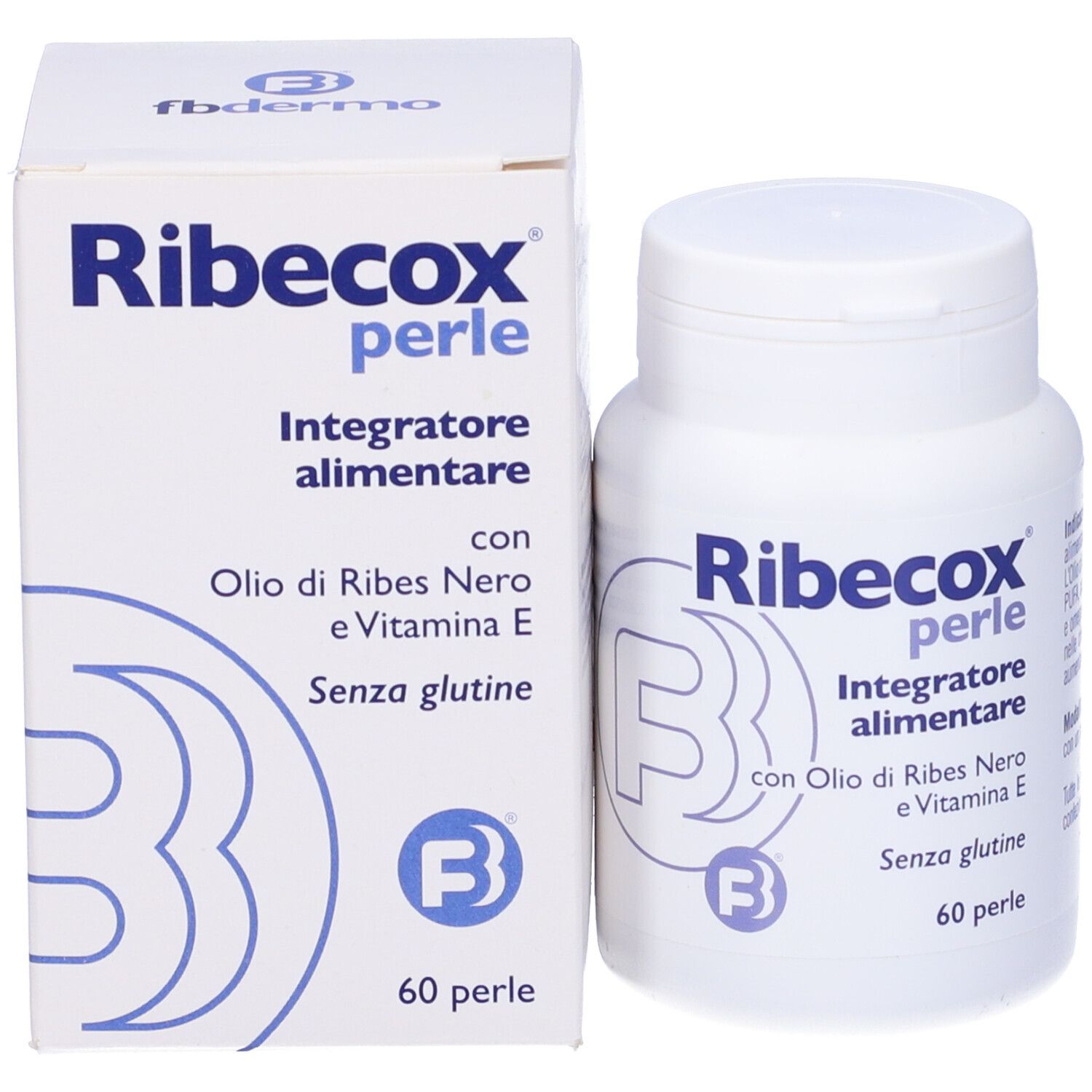 Weiße Flasche und Schachtel mit blauem Etikett. Aufschrift: Ribecox perle, Integratore alimentare, mit Öl von Ribes Nero und Vitamin E, 60 perle.