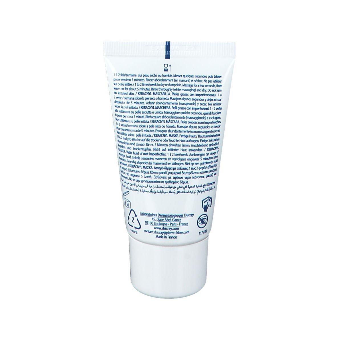 Rückseite der Tube mit Text. Enthält Informationen zur Anwendung und Inhaltsstoffe. Herstellerlogo und Recycling-Symbol.