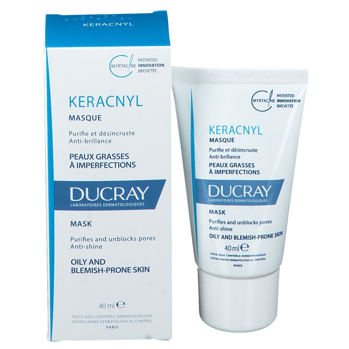 Produktverpackung mit Tube und Karton. Enthält KERACNYL Maske. Karton mit blauer Aufschrift. Tube: 40ml.