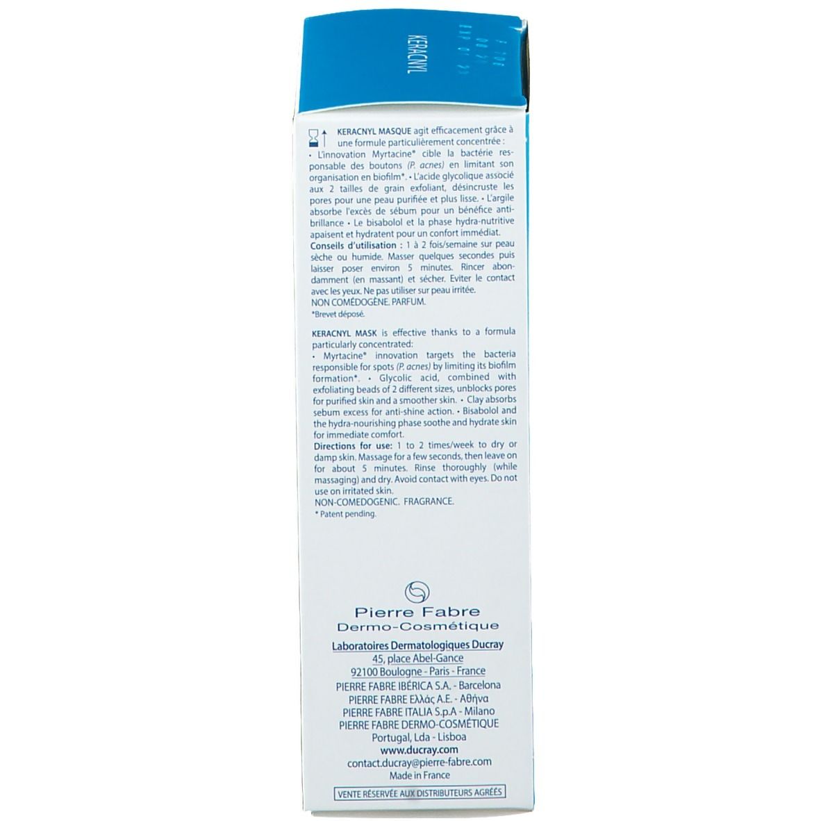 Rückseite der Kartonverpackung mit Text. Enthält Informationen zur Anwendung und Inhaltsstoffe. Herstellerlogo.