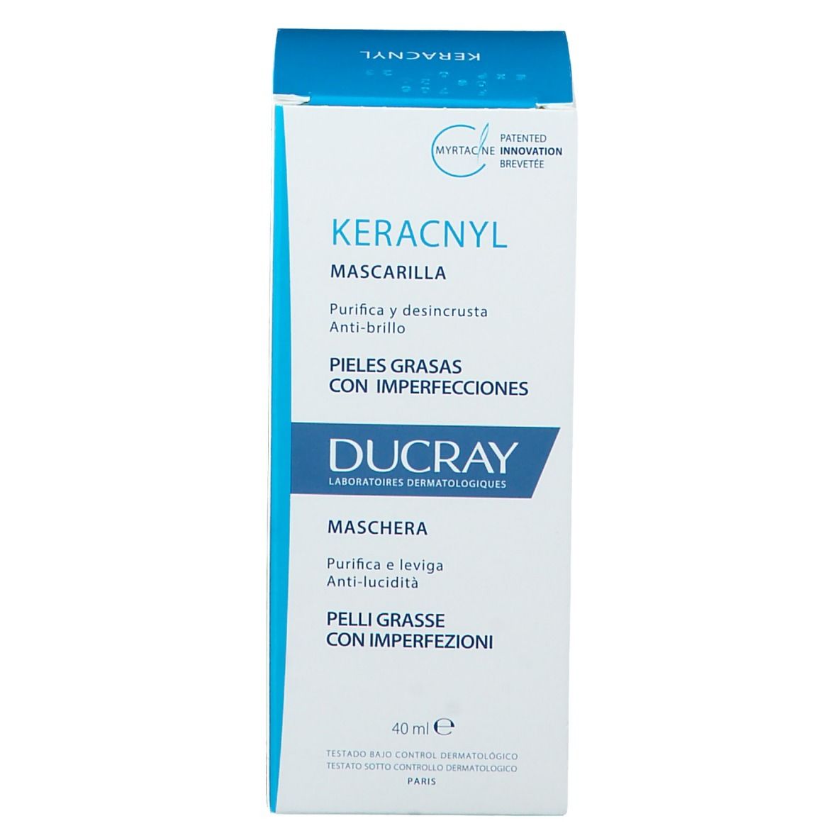 Kartonverpackung mit blauer Aufschrift. Enthält KERACNYL Mascarilla. Text: Purifica y desincrusta, Anti-brillo. 40ml.