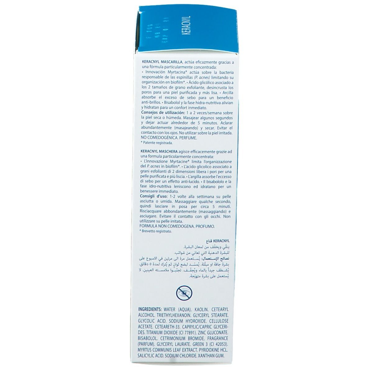 Rückseite der Kartonverpackung mit Text. Enthält Informationen zur Anwendung und Inhaltsstoffe. Herstellerlogo.