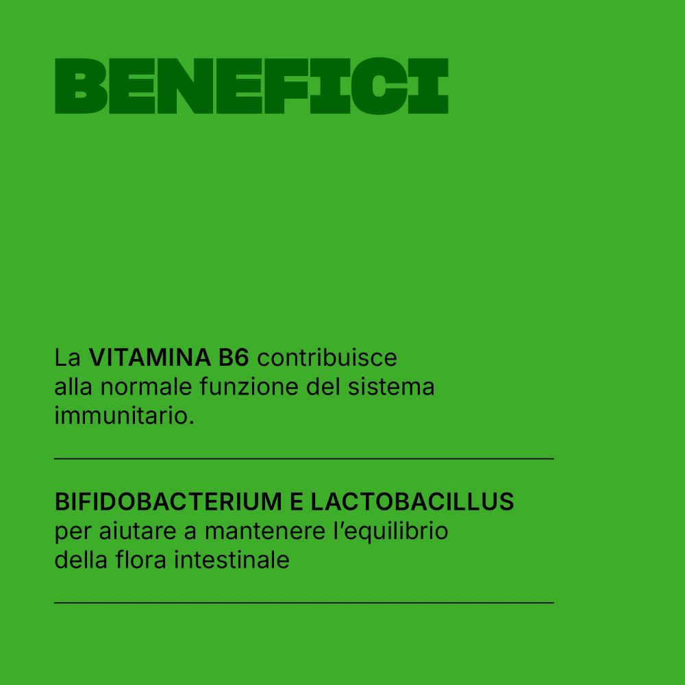 Grüner Hintergrund mit Text: La VITAMINA B6 contribuisce alla normale funzione del sistema immunitario. Bifidobacterium e Lactobacillus.
