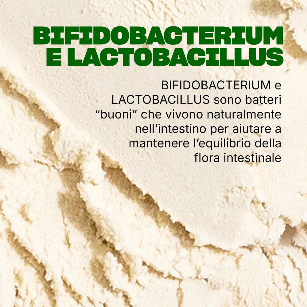 Nahaufnahme von Pulver. Text: Bifidobacterium e Lactobacillus sono batteri "buoni" nell'intestino per aiutare a mantenere l'equilibrio.