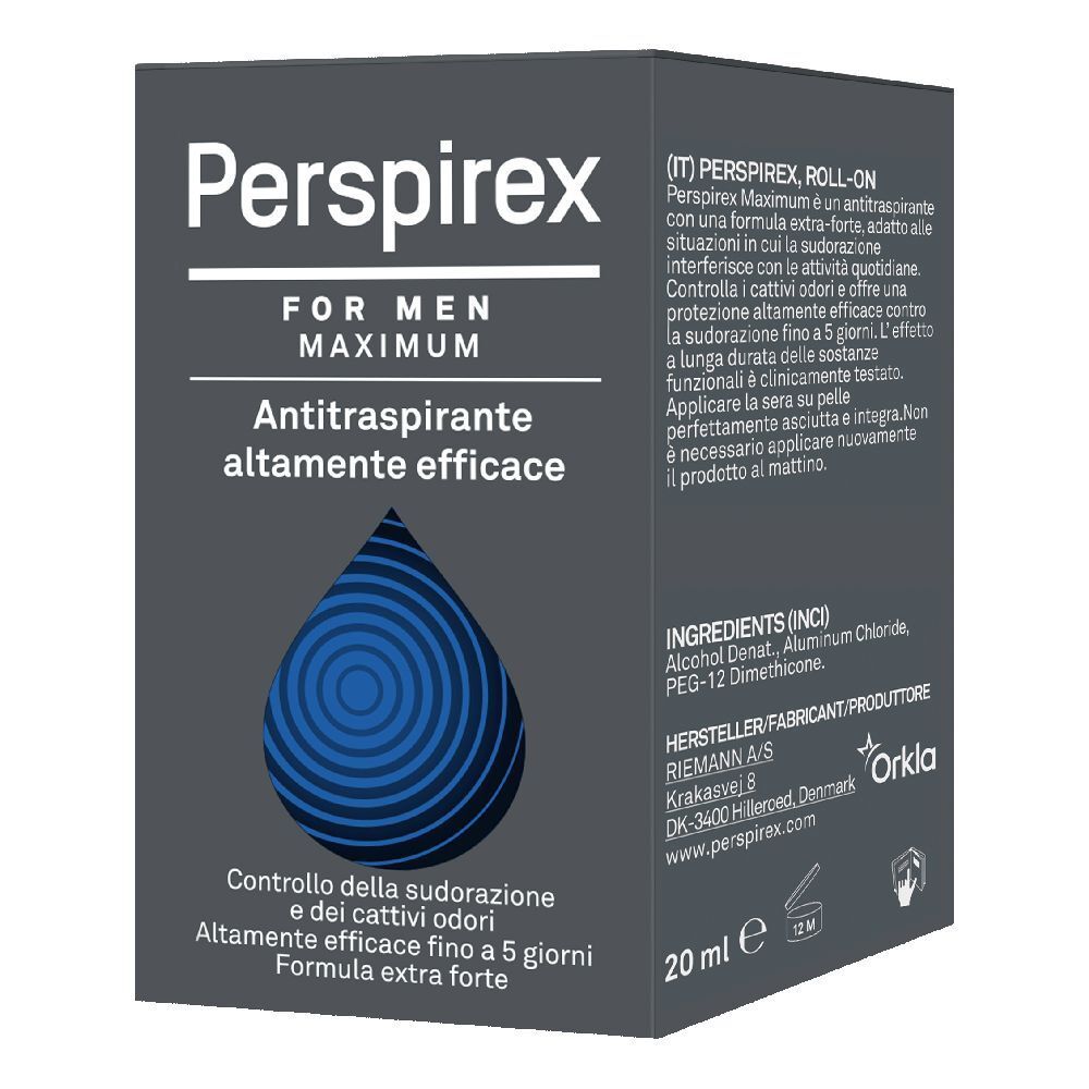 Perspirex For Men Maximum, antitranspirant. Boîte noire avec goutte bleue. Texte: Contrôle de la transpiration et des odeurs.