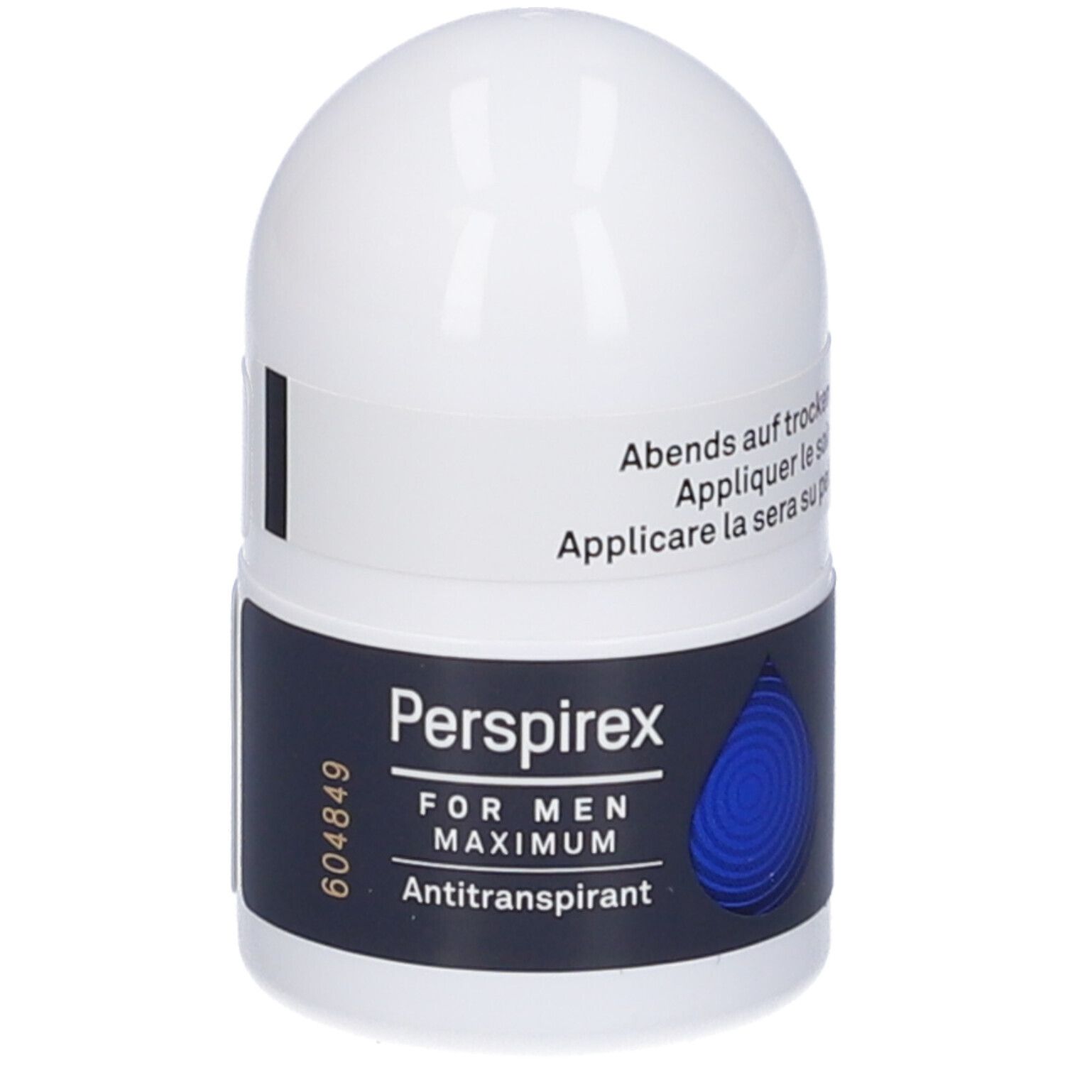 Perspirex For Men Maximum, antitranspirant. Roll-on blanc avec accent bleu. Texte: Appliquer le soir sur peau sèche.