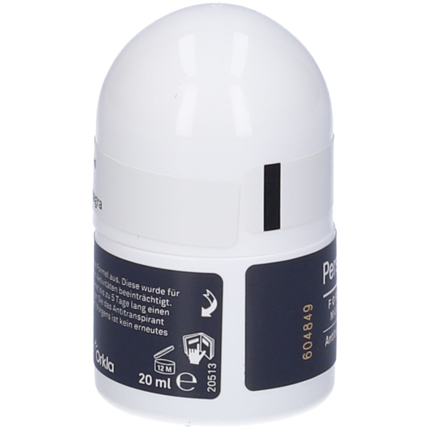 Roll-on Perspirex For Men Maximum. Récipient blanc avec accent bleu. Texte: 20 ml, 12M. Informations et fabricant au dos.