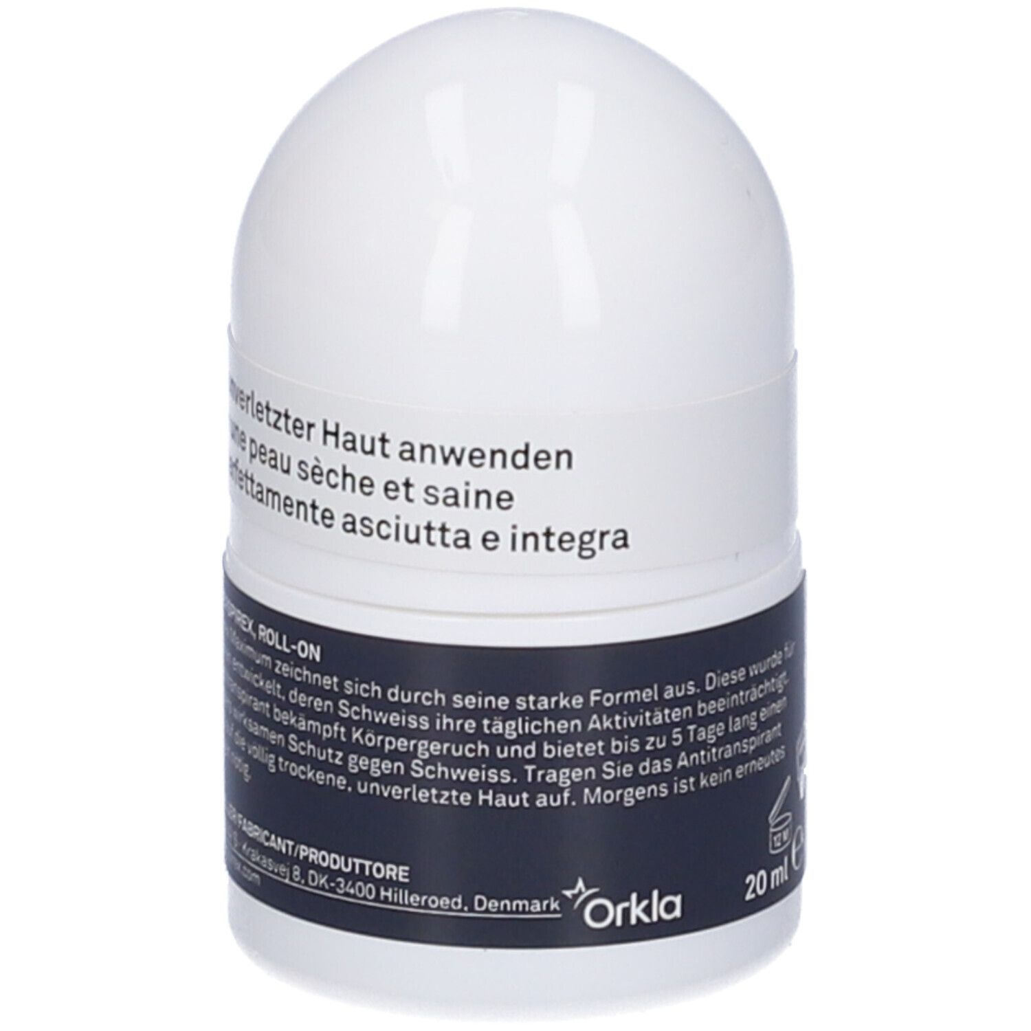 Roll-on Perspirex For Men Maximum. Récipient blanc avec accent bleu. Texte: Appliquer le soir sur peau sèche. Informations fabricant.