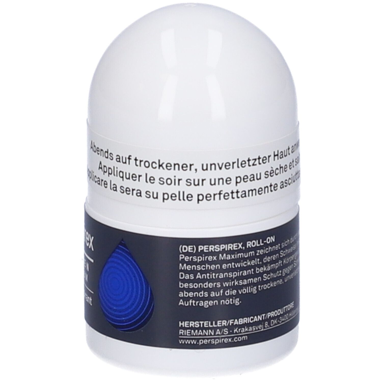 Roll-on Perspirex For Men Maximum. Récipient blanc avec accent bleu. Texte: Appliquer le soir sur peau sèche. Informations fabricant.