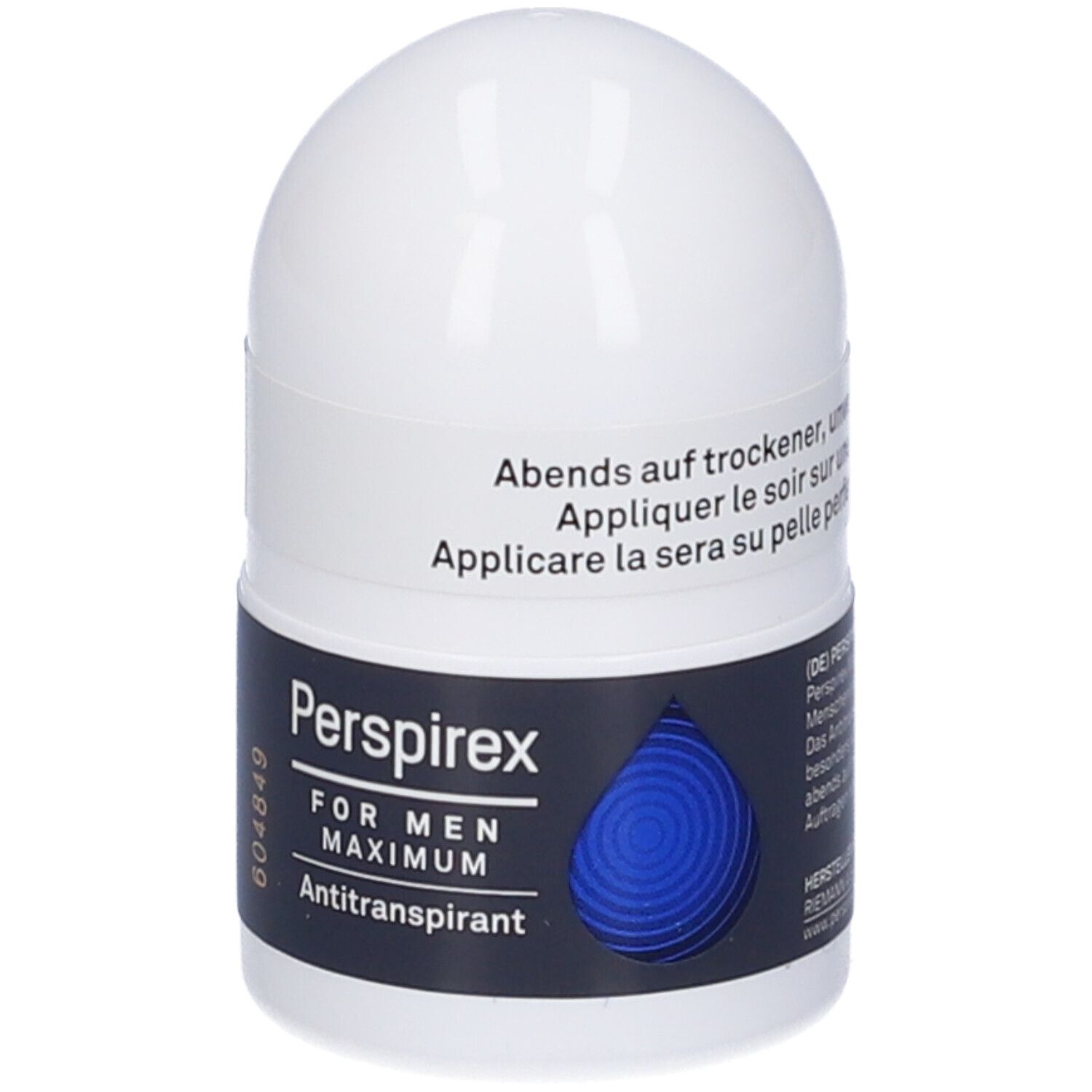 Roll-on Perspirex For Men Maximum. Récipient blanc avec accent bleu. Texte: Appliquer le soir sur peau sèche. Informations fabricant.