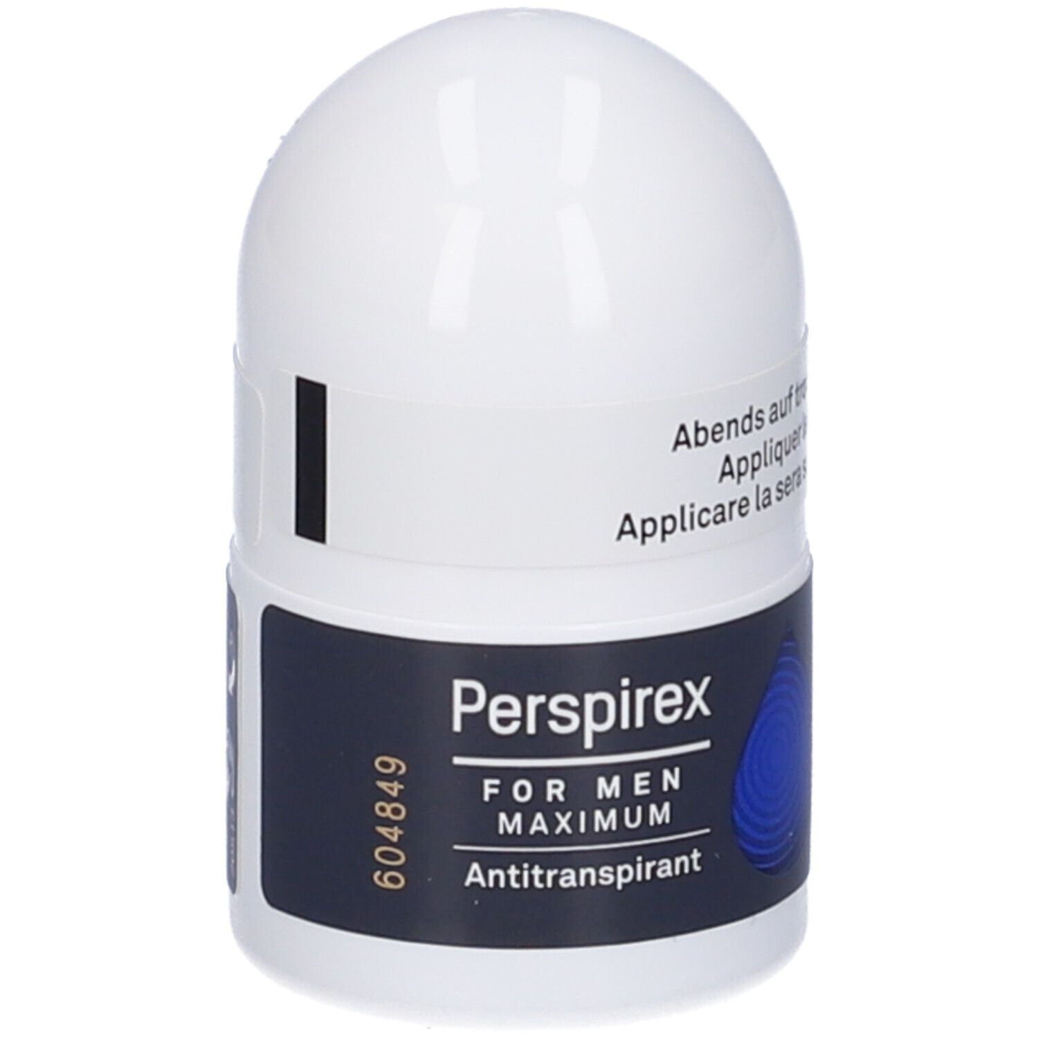 Roll-on Perspirex For Men Maximum. Récipient blanc avec accent bleu. Texte: Appliquer le soir sur peau sèche. Informations fabricant.