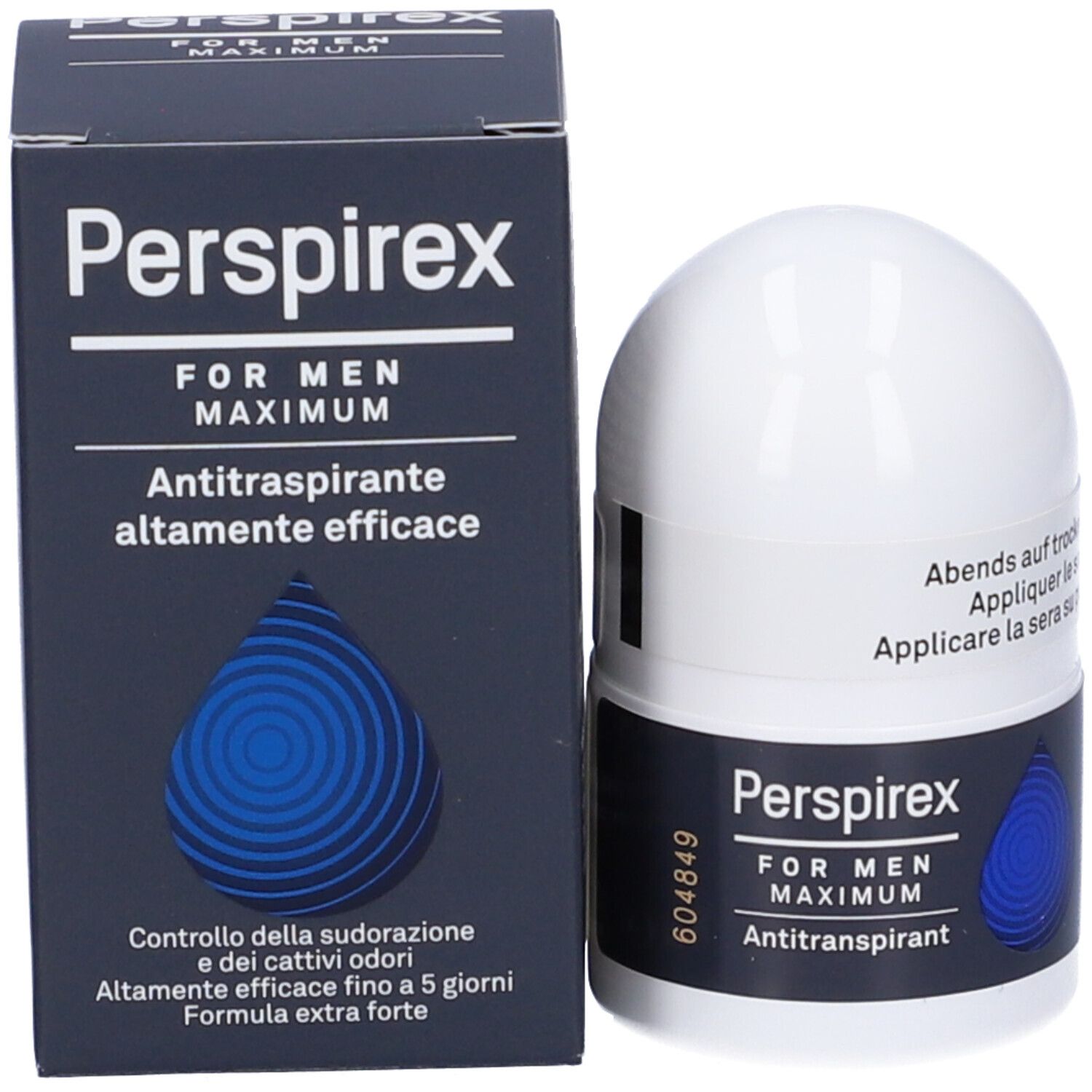 Roll-on et emballage Perspirex For Men Maximum. Récipient blanc, boîte noire. Texte: Antitranspirant, contrôle des odeurs.