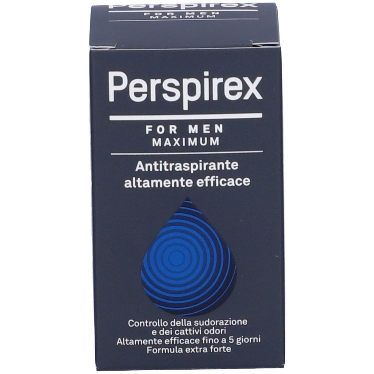 Emballage Perspirex For Men Maximum. Boîte noire avec goutte bleue. Texte: Antitranspirant, contrôle des odeurs.