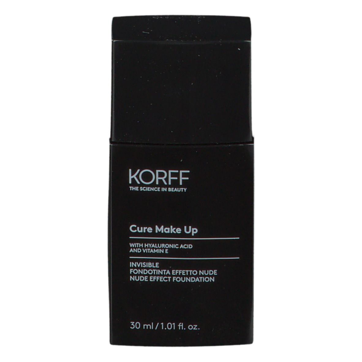 Schwarze Flasche KORFF. Cure Make Up mit Hyaluronsäure und Vitamin E. Nude-Effekt-Grundierung. 30 ml.