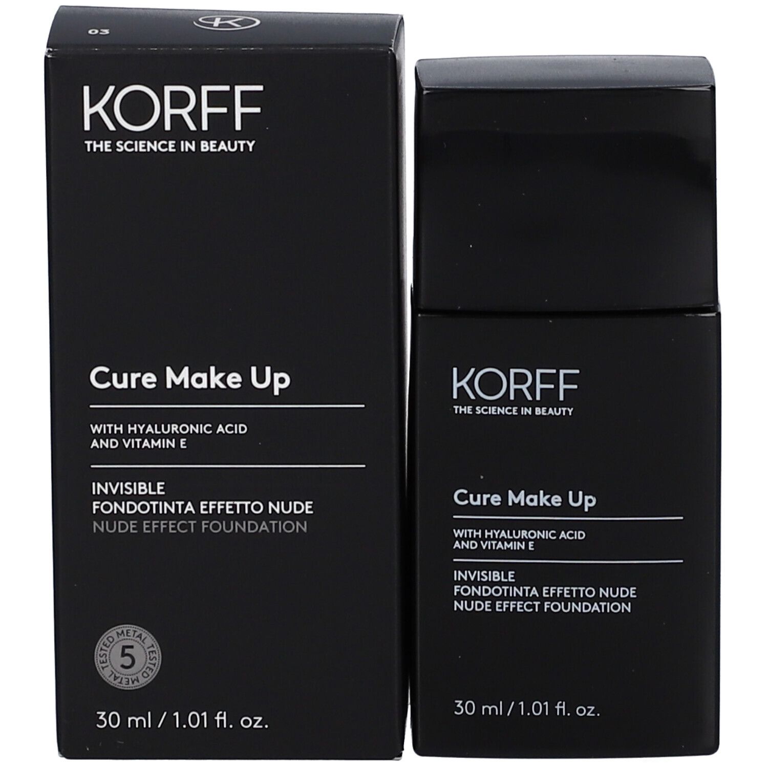 KORFF-Produktverpackung und Flasche. Cure Make Up mit Hyaluronsäure und Vitamin E. Nude-Effekt-Grundierung. 30 ml.